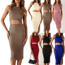 Fashion Solid Color Round Neck Sleeveless Front Cutout Slit Bodycon Dress