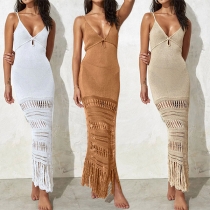 Fashion Knitted V-neck Tassle Bodycon Swimming Cover-up Dress