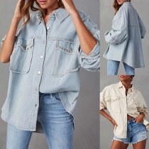 Fashion Old-washed Rhinestone Stand Collar Long Sleeve Buttoned Denim Shirt