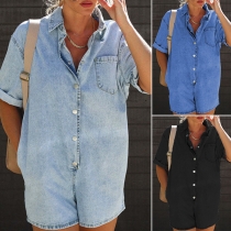 Fashion Old-washed Stand Collar Short Sleeve Patch Pockets Loose Denim Romper