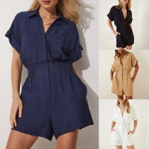 Casual Solid Color Stand Collar V-neck Cinch Waist Short Sleeve Romper