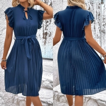 Fashion Solid Color Ruffled Pleated Self-tie Dress