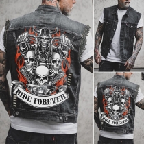 Punk Style Skull Printed Frayed Old-washed Denim Vest for Men