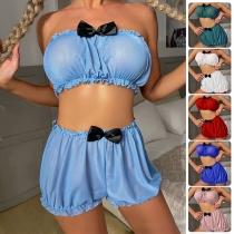 Sexy Semi-through Bowknot Ruffled Two-piece Lingerie Set