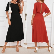 Fashion Solid Color Round Neck Short Sleeve Backless Dress
