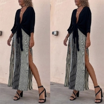 Sexy Two-piece Set Consist of Self-tie V-neck Shirt and Vertical Stripe Printed Slit Skirt