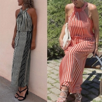 Fashion Vertical Striped Printed Halter Maxi Dress
