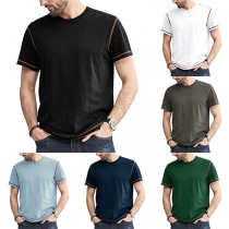 Fashion Contrast Color Stripe Printed Round Neck Short Sleeve Shirt for Men