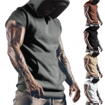 Fashion Solid Color Kangaroo Pockets Hoodie Sleeveless Shirt for Men