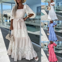 Fashion Lace Spliced Squared Neck Short Sleeve Self-tie Tiered Maxi Dress