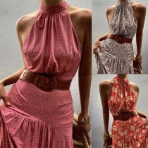 Fashion Floral Printed Halterneck Sleeveless Dress （Size Run Small）