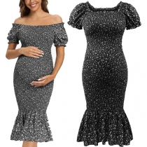 Fashion Floral Printed Off-the-shoulder Short Sleeve Fishtail Hemline Bodycon Maternity Dress