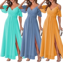Fashion Solid Color V-neck Open Should Slit Maxi Dress/Party Dress