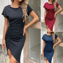 Fashion Solid Color Round Neck Short Sleeve Ruched Irregular Hemline Dress