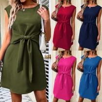 Fashion Solid Color Round Neck Sleeveless Self-tie Mini Dress