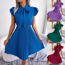 Fashion Solid Color Ruffled Sleeveless Self-tie Mock Neck Pleated Mini Dress