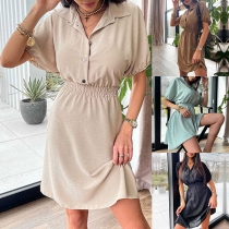 Casual Solid Color Stand Collar Buttoned Short Sleeve Smocked Waist Mini Dress