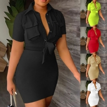 Sexy Solid Color Stand Collar Buttoned Self-tie Short Sleeve Bodycon Dress
