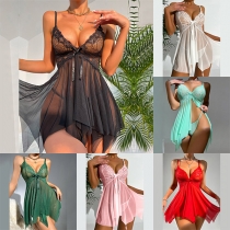 Sexy Semi-through Lace Spliced Slit Nightwear Dress