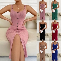 Sexy Solid Color Front Buttoned Slit Bodycon Slip Dress