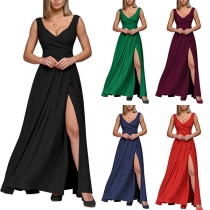 Fashion Solid Color Ruched V-neck Slit Party Dress