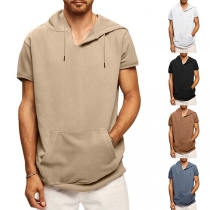 Casual Solid Color Slit V-neck Short Sleeve Hooded Shirt for Men