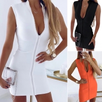 Sexy Solid Color Zipper Sleeveless Bodycon Dress