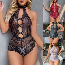 Sexy Semi-through Lace-up Halterneck Backless Lingerie Bodysuit