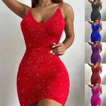 Fashion Bling-bling V-neck Criss-cross Backless Bodycon Party Dress