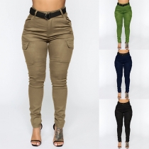 Fashion Solid Color Side Patch Pockets High-rise Skinny Pants