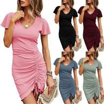 Fashion Solid Color V-neck Short Sleeve Drawstring Ruched Bodycon Dress
