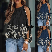Fashion Floral Printed Slit Elbow Sleeve Beaded Shirt