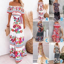 Bohemian Style Floral Printed Off-the-shoulder Self-tie Maxi Dress