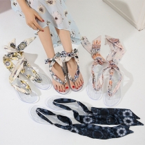 Fashion Floral Printed Self-tie Thong Sandals