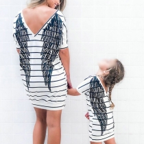 Fashion Stripe Printed Wing Printed Round Neck Back V Parent-Child Dress