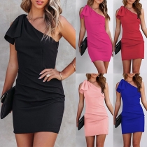 Fashion Solid Color One-shoulder Sleeveless Party Dress