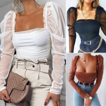 Fashion Gauze Spliced Puff Sleeve Square Neck Shirt