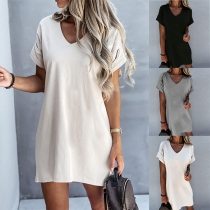 Casual Solid Color V-neck Short Sleeve Dress
