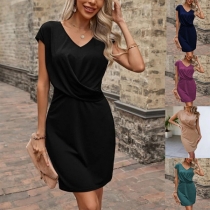 Fashion Solid Color V-neck Sleeveless Ruched Bodycon Dress