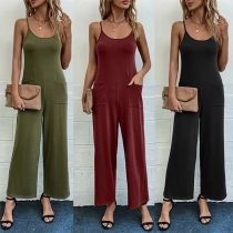 Fashion Solid Color Round neck Sleeveless Patch Pockets Wide-leg Jumpsuit