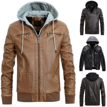Fashion Contrast Color Hoodie Artificial Leather PU Jacket for Men