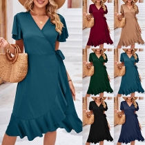 Casual Solid Color Ruffled V-neck Short Sleeve Self-tie Wrap Dress