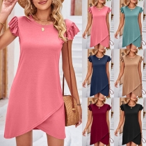 Casual Solid Color Round Neck Ruffle Cap Sleeve Irregular Hemline Mini Dress
