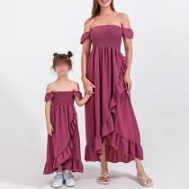 Sexy Off-the-shoulder Smocked Irregular Ruffled Hemline Parents-Childern Dress