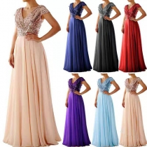 Fashion Sequined V-neck Sleeveless Chiffon Maxi Party Dress