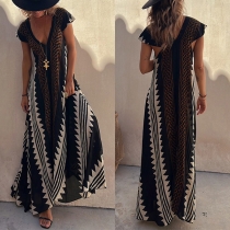 Bohemia Style V-neck Cap Sleeve Cutout Irregular Wave Printed Maxi Dress