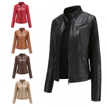 Fashion Stand Collar Long Sleeve Zipper Motor Style Artificial Leather PU Jacket