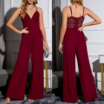 Fashion Lace Spliced V-neck Wide-leg Jumpsuit