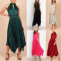 Fashion Solid Color Halterneck Sleeveless Pleated Dress