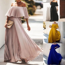 Fashion Solid Color Off-the-shoulder Ruffled Pleated Maxi Dress